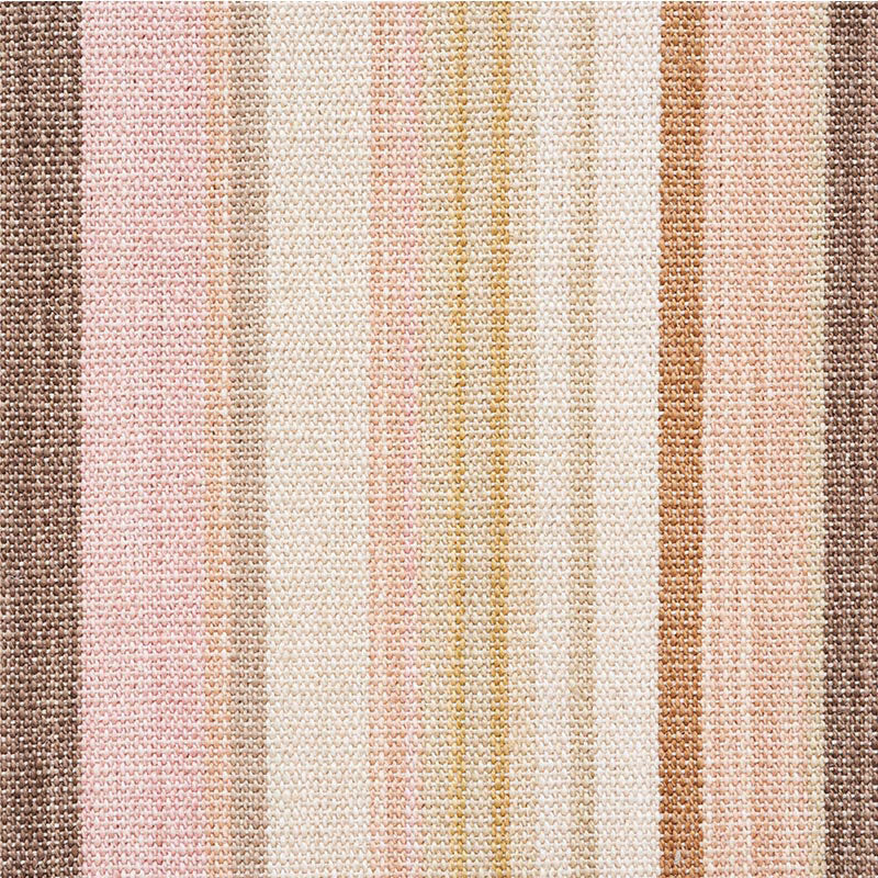 Soft striped woven rug with cream, blush pink, taupe, beige and brown vertical stripes; textured textile.
