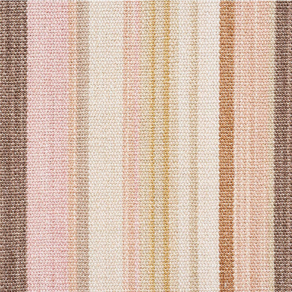 Soft striped woven rug with cream, blush pink, taupe, beige and brown vertical stripes; textured textile.