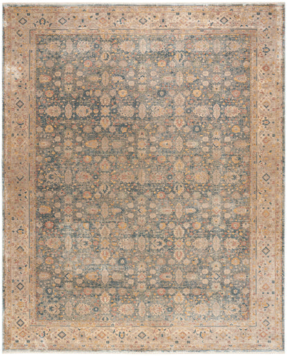 Distressed blue field oriental rug with a pale beige border, dense floral medallions and subtle orange accents.