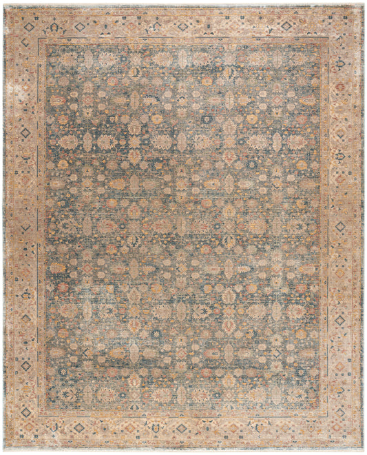Distressed blue field oriental rug with a pale beige border, dense floral medallions and subtle orange accents.