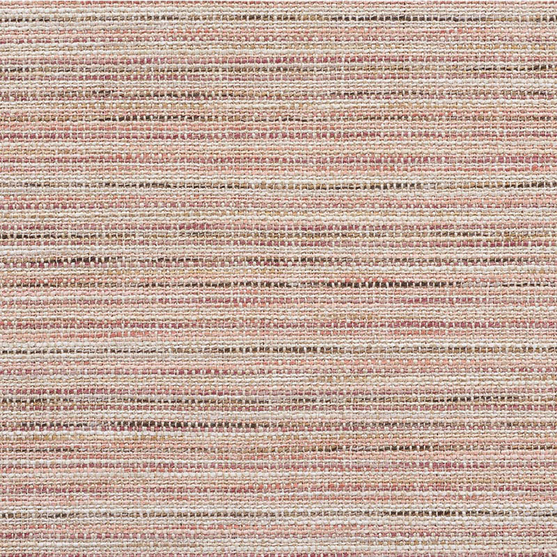 Soft textured flat-weave rug with narrow pink, peach, ivory and taupe stripes.