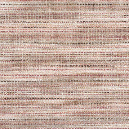 Soft textured flat-weave rug with narrow pink, peach, ivory and taupe stripes.