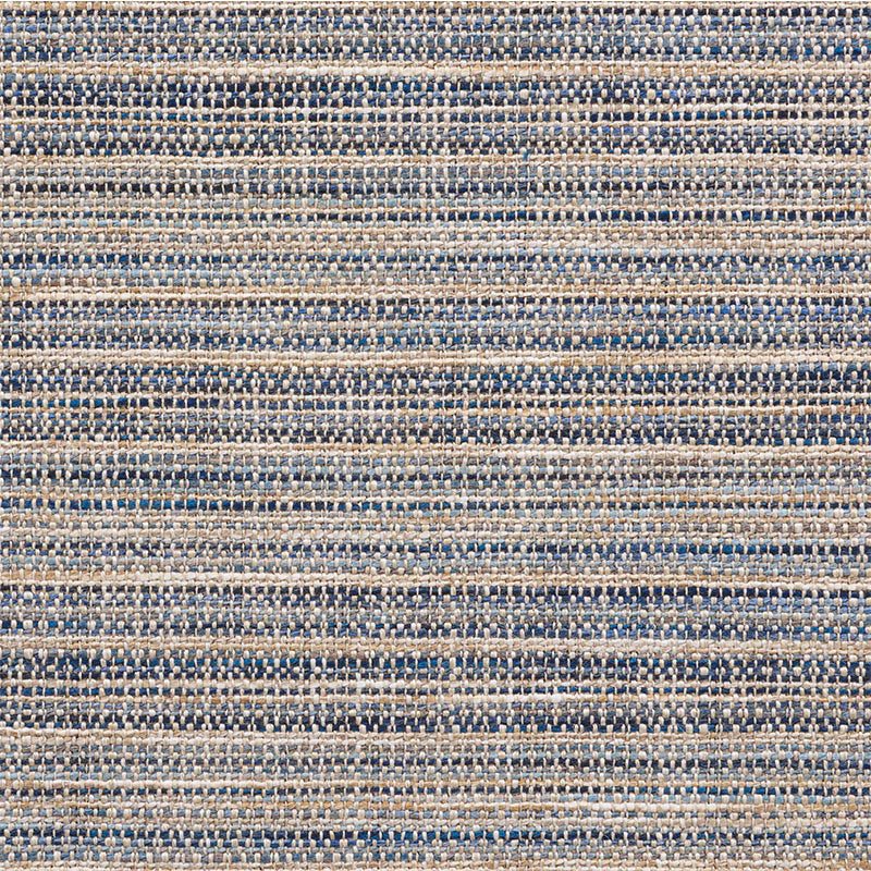 Woven striped rug with beige, cream and navy blue horizontal bands; textured flat-weave.