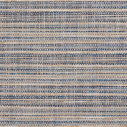 Woven striped rug with beige, cream and navy blue horizontal bands; textured flat-weave.