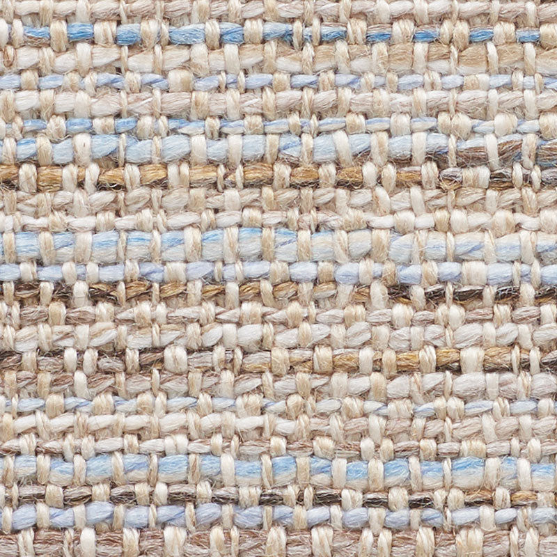 Natural beige jute rug with light blue woven threads, rustic textured weave for living room decor.