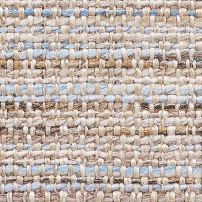 Natural beige jute rug with light blue woven threads, rustic textured weave for living room decor.