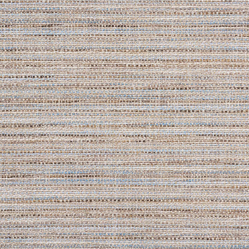 Neutral striped woven rug with cream, tan, beige and light blue bands; textured, casual floor decor.