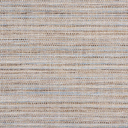 Neutral striped woven rug with cream, tan, beige and light blue bands; textured, casual floor decor.