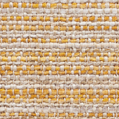 Beige and ochre woven fabric with a chunky grid texture, boho-style textile.