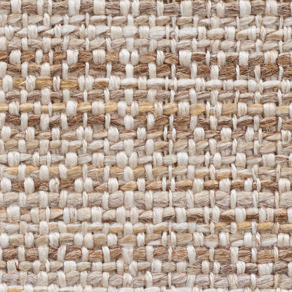Close-up of beige and cream woven jute fabric with a chunky, rustic texture.