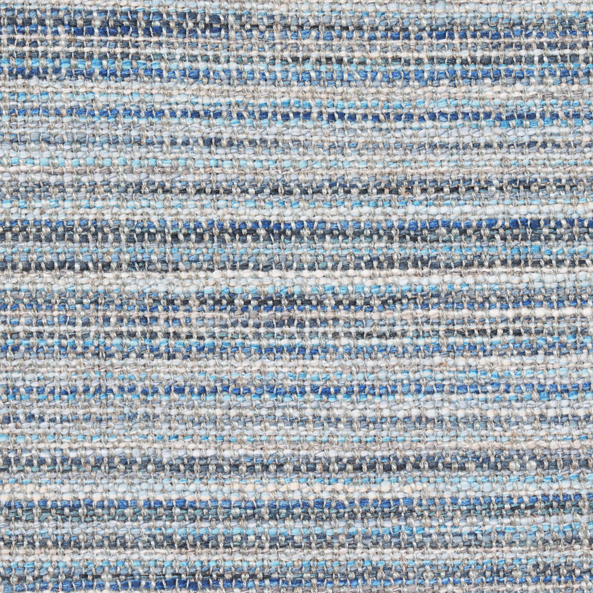 Blue and white striped woven fabric with chunky interlaced threads, casual textile for rug or upholstery