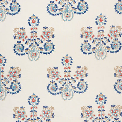 Ornate blue and beige damask floral pattern on cream background; repeating bouquet motifs for upholstery or wallpaper.