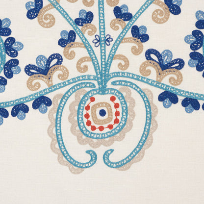 Embroidery-inspired floral pattern in turquoise & beige with blue blossoms on cream fabric, red bead accents.
