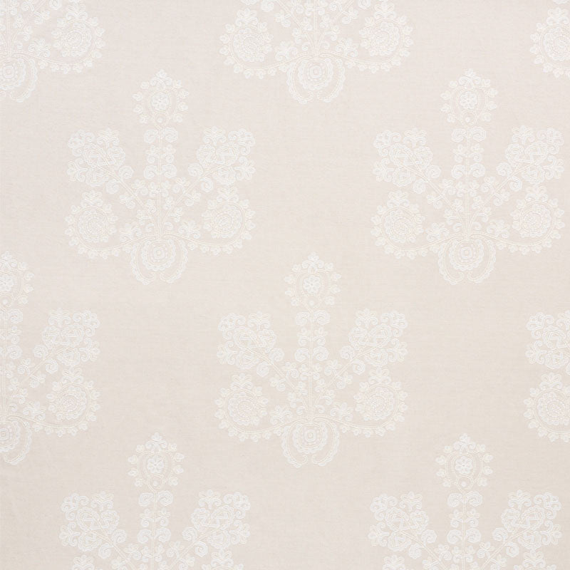 Beige linen fabric with white embroidered damask floral pattern; lace-like, repeating motif.
