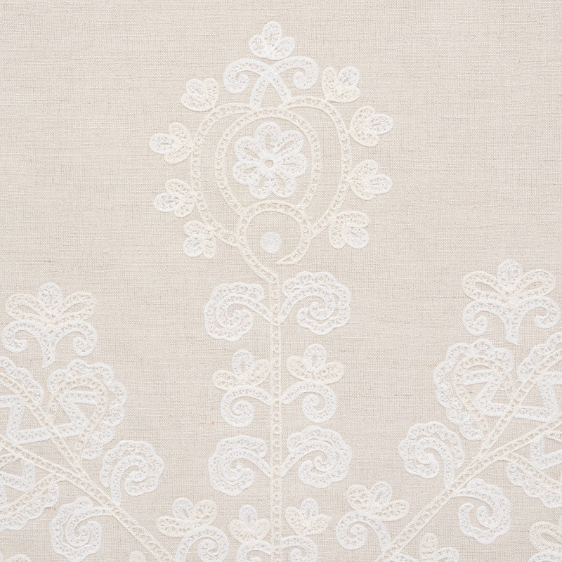 Beige linen fabric with delicate white lace floral motif and ornamental embroidery.