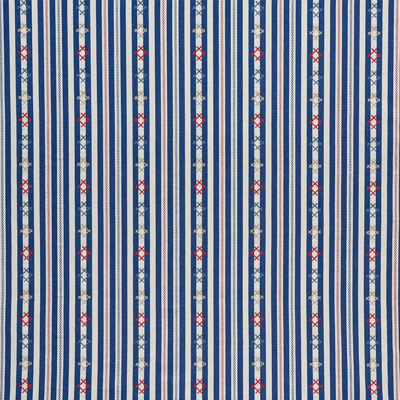 Vertical navy and light blue striped woven fabric with white accents.