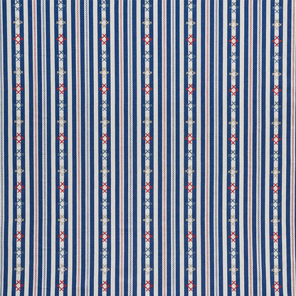 Vertical navy and light blue striped woven fabric with white accents.
