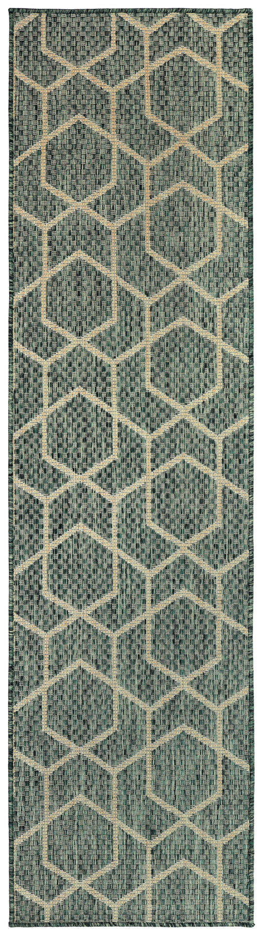 Teal geometric runner rug with beige lattice hexagon pattern; woven texture.