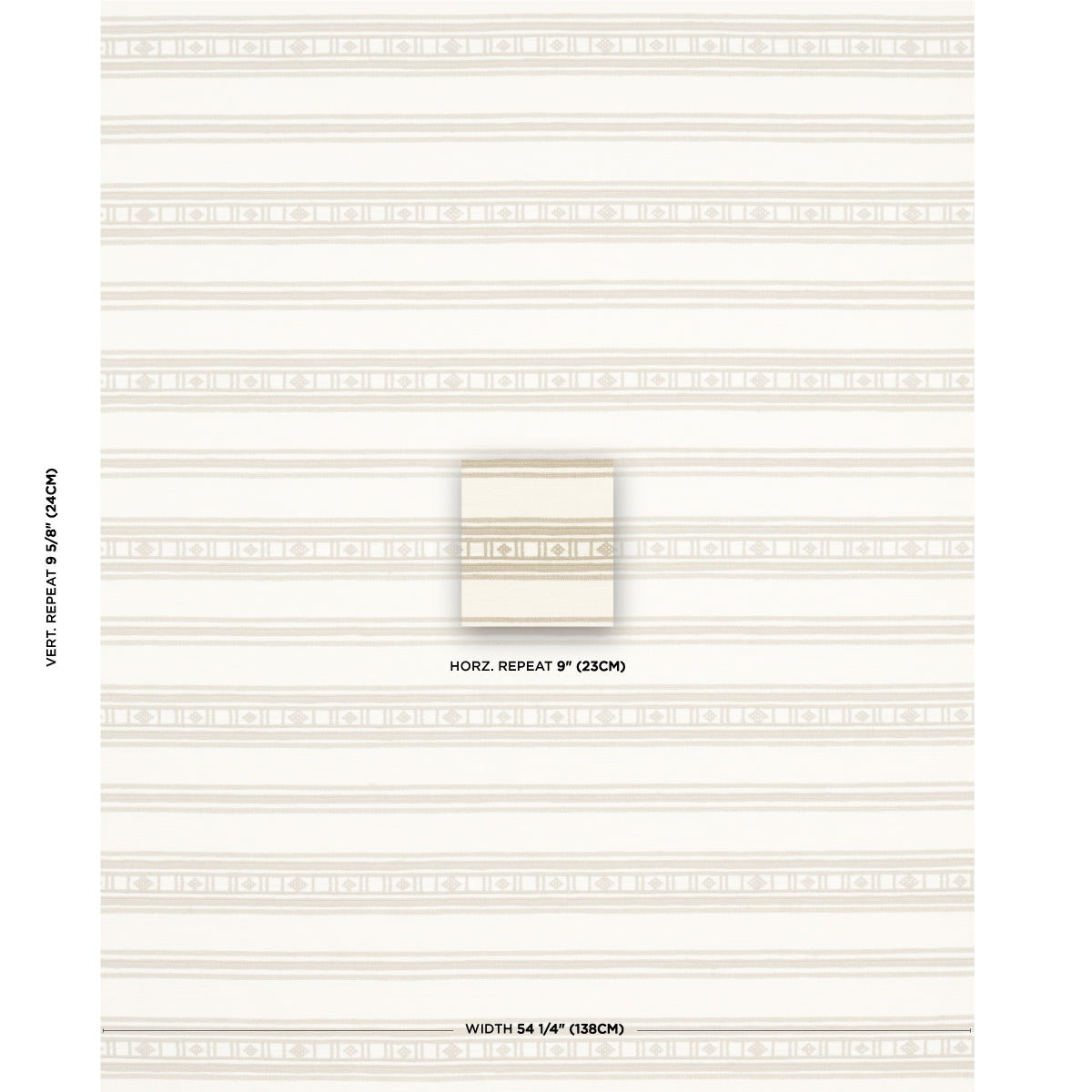 Beige striped wallpaper with pale cream horizontal bands and a small central square sample showing pattern repeat.