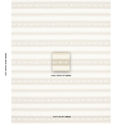 Beige striped wallpaper with pale cream horizontal bands and a small central square sample showing pattern repeat.