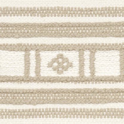 Cream and taupe woven rug with horizontal stripes and a central framed floral motif.