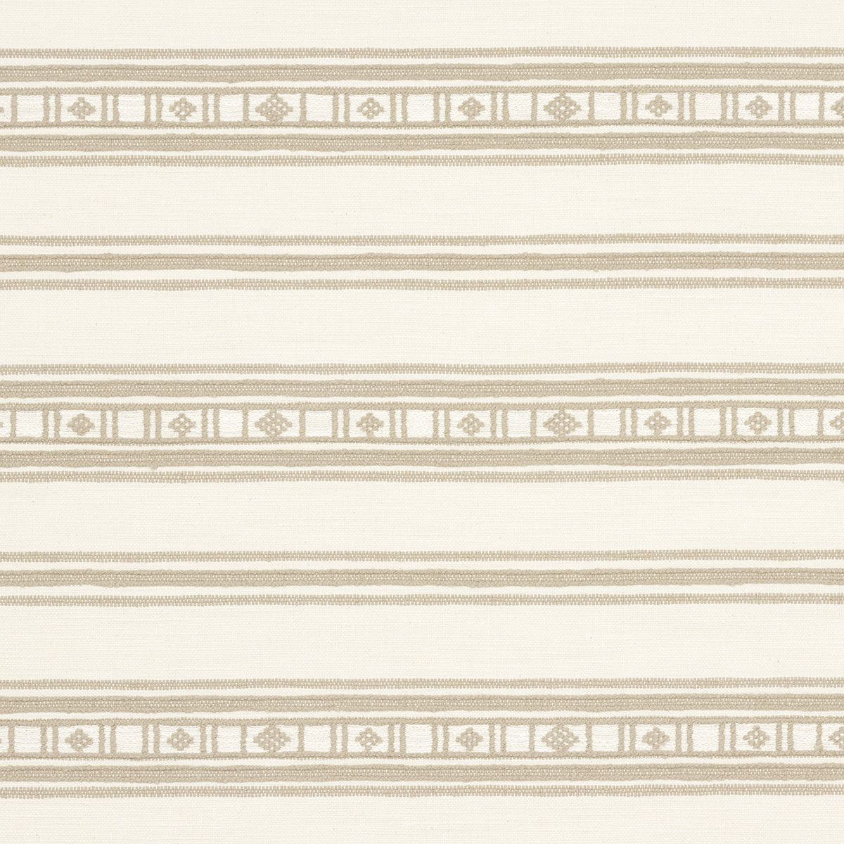 Beige & cream striped fabric with decorative geometric border bands, classic upholstery or drapery material.