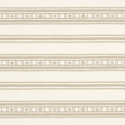 Beige & cream striped fabric with decorative geometric border bands, classic upholstery or drapery material.