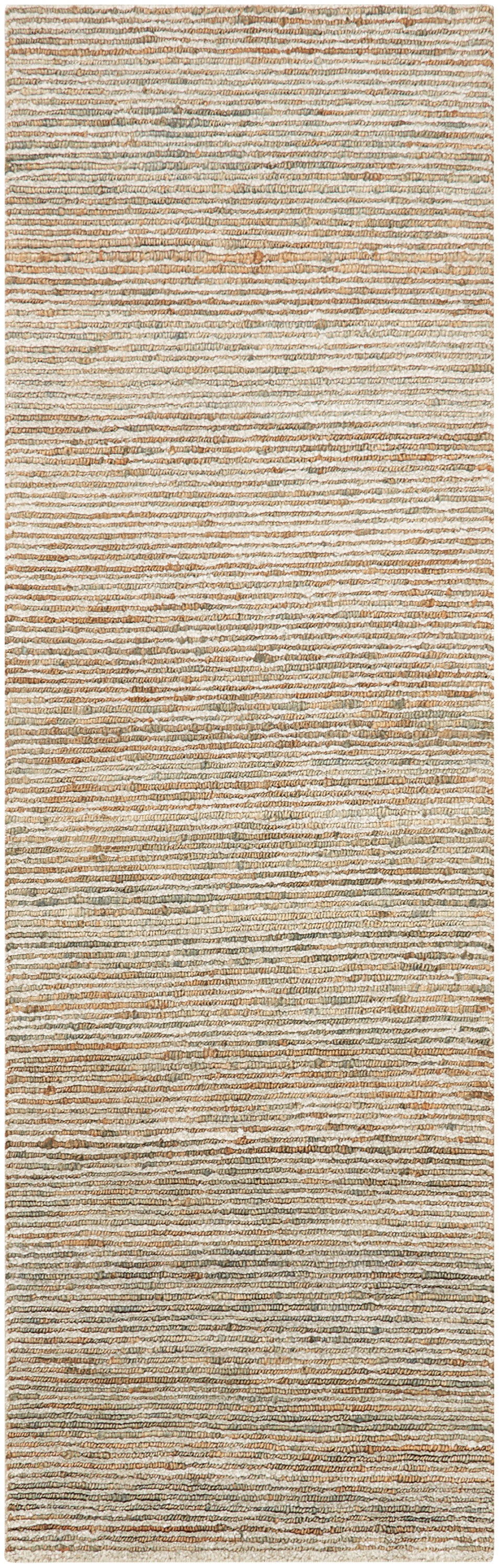 Rectangular runner rug with tan, beige and gray horizontal stripes; textured woven surface, neutral modern/coastal style.