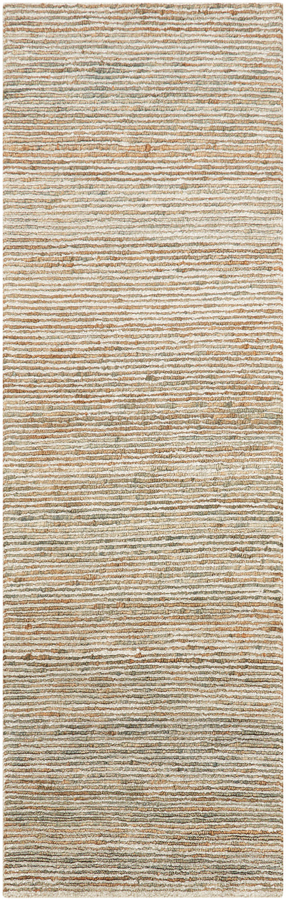 Rectangular runner rug with tan, beige and gray horizontal stripes; textured woven surface, neutral modern/coastal style.