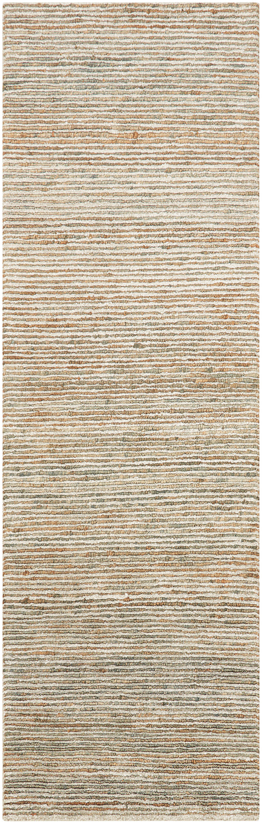 Rectangular runner rug with tan, beige and gray horizontal stripes; textured woven surface, neutral modern/coastal style.