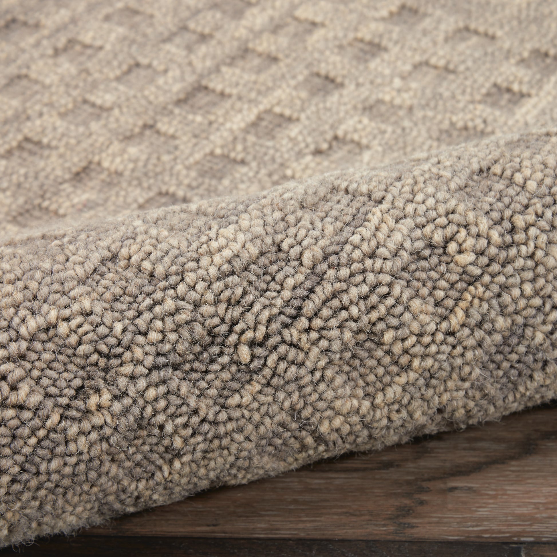 Beige high-pile shag runner rug with dense boucle texture and rolled edge on wood floor