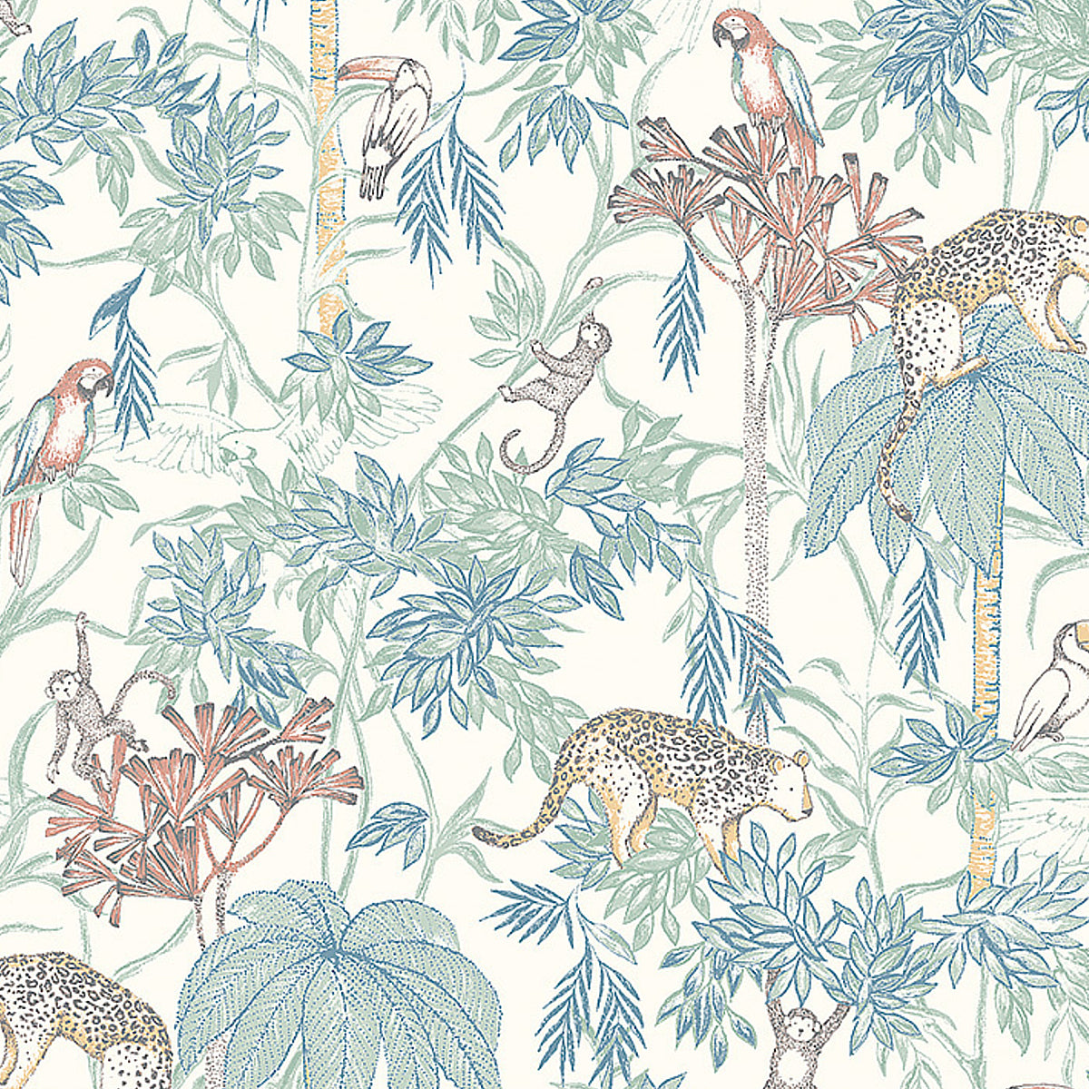 Pastel tropical print with palm fronds, parrots and leopards in blues and greens for fabric or decor.