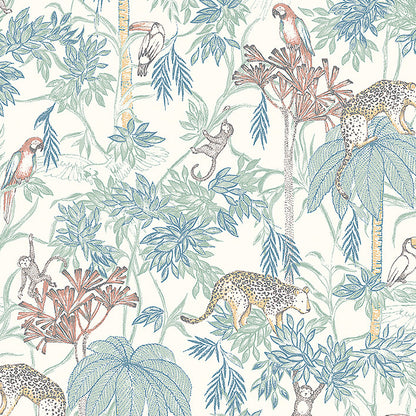 Pastel tropical print with palm fronds, parrots and leopards in blues and greens for fabric or decor.