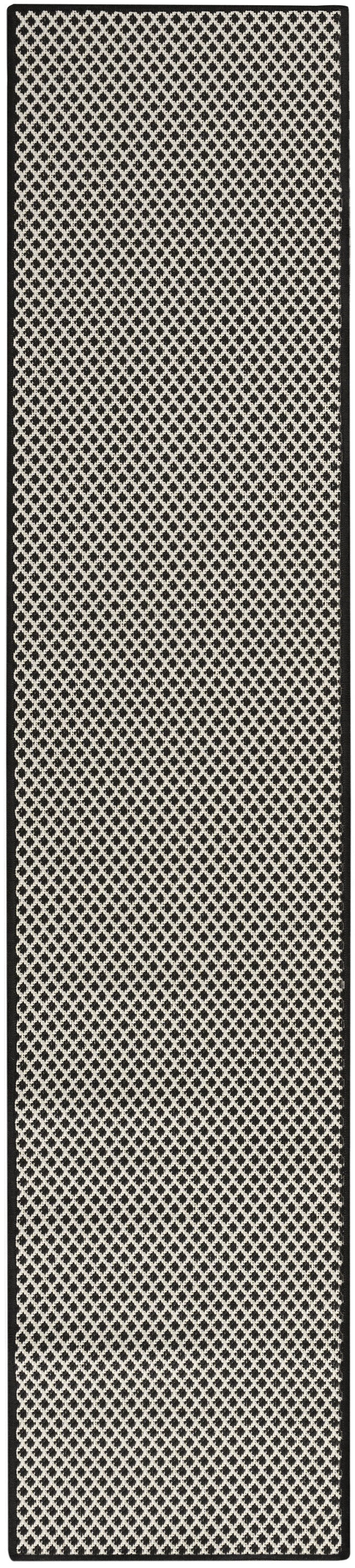 Cream runner rug with black diamond lattice pattern and solid black border.