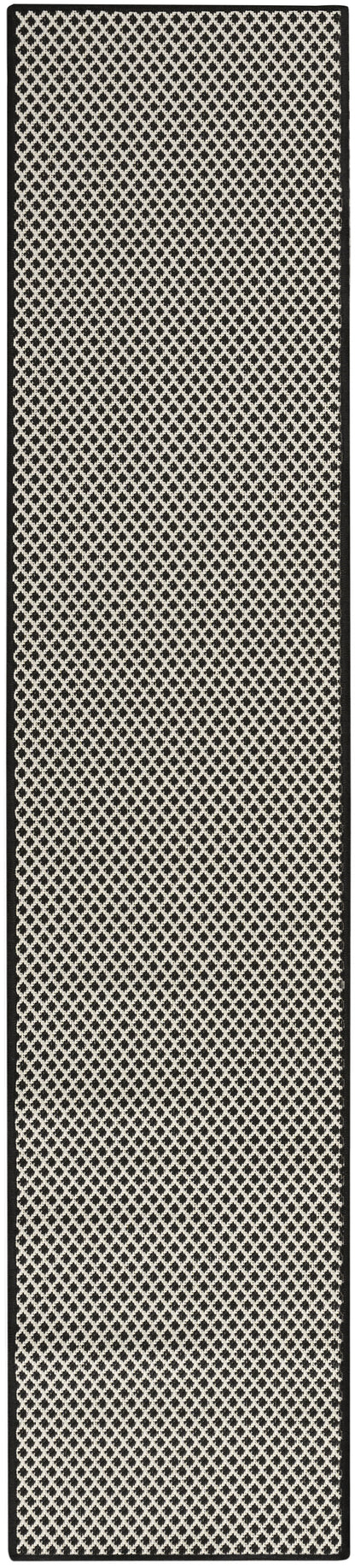 Cream runner rug with black diamond lattice pattern and solid black border.