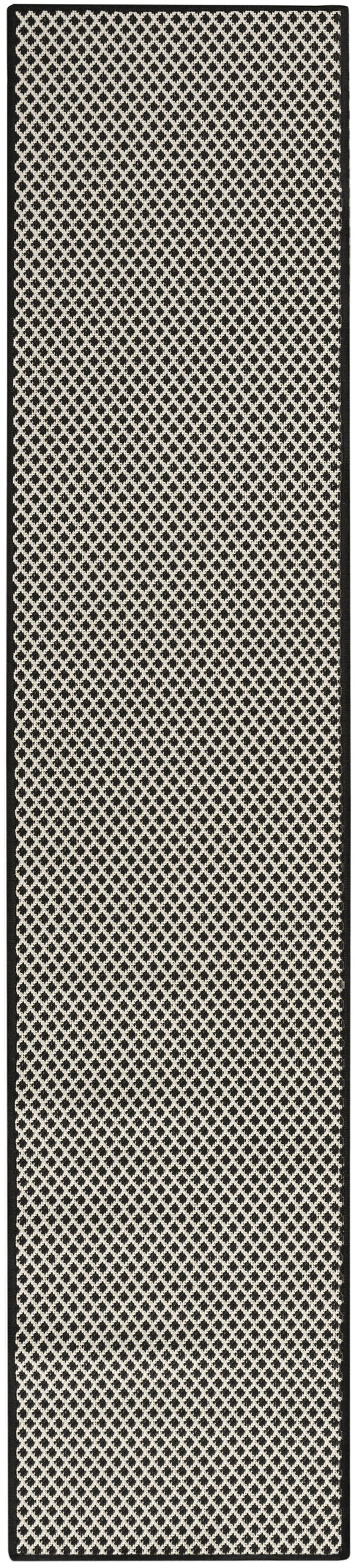 Cream runner rug with black diamond lattice pattern and solid black border.