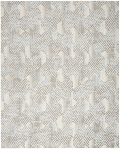 Rectangular rug in light gray and off-white with interlocking geometric cube pattern; soft woven texture, modern decor.