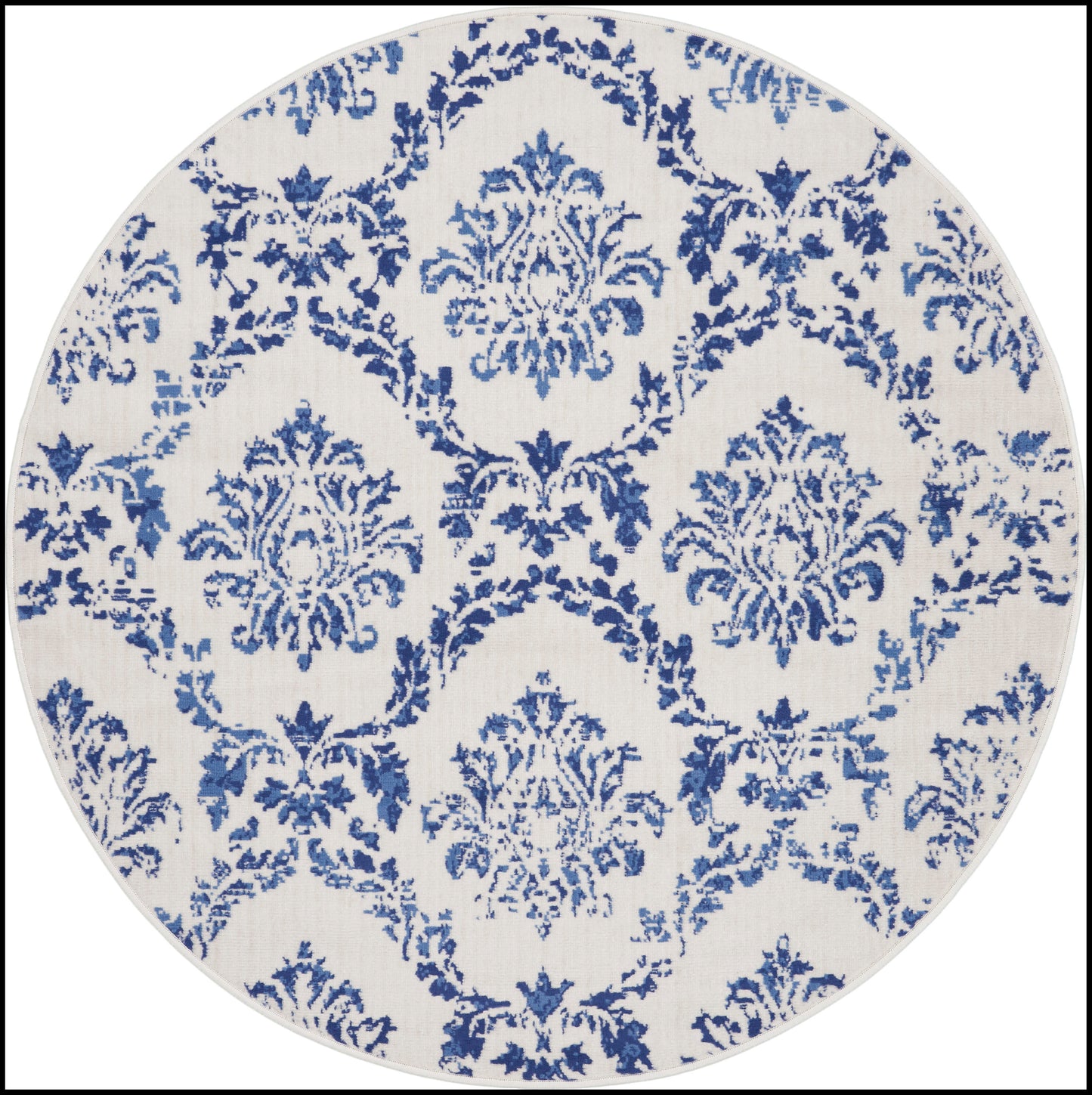 Round rug with blue damask pattern on white background