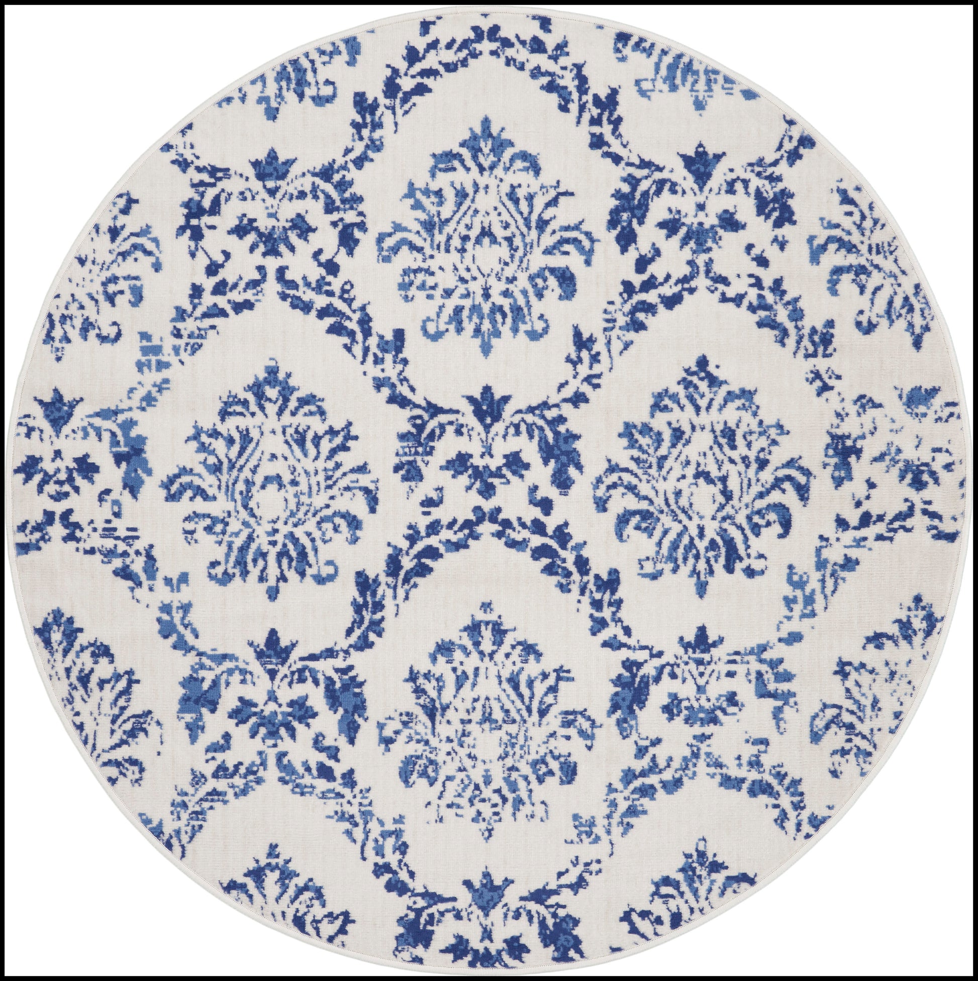 Round rug with blue damask pattern on white background