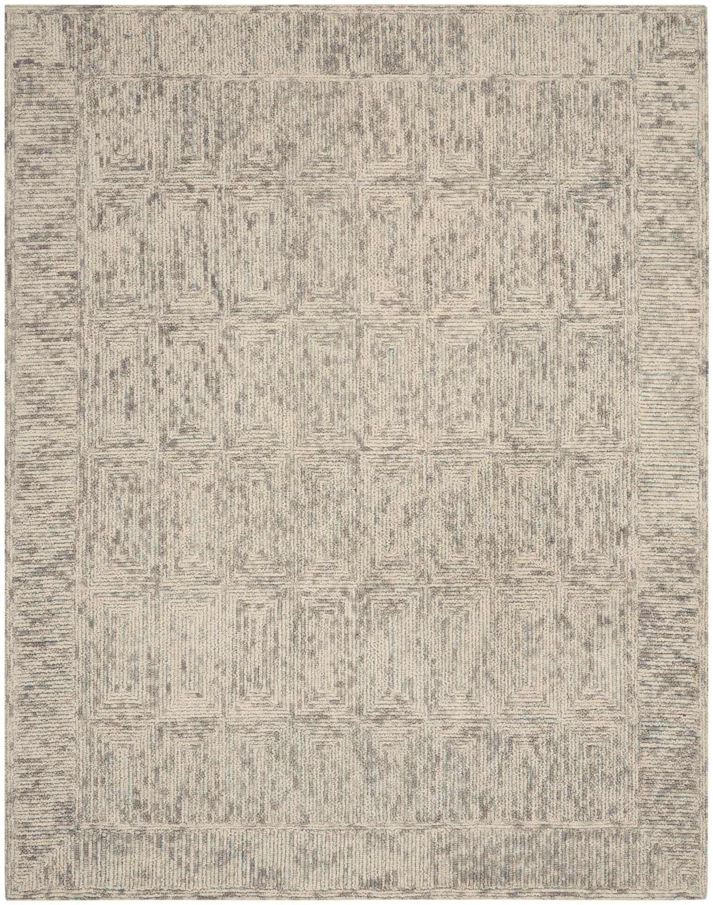 Neutral beige and gray area rug with a geometric lattice pattern and border; rectangular, cozy living-room style.