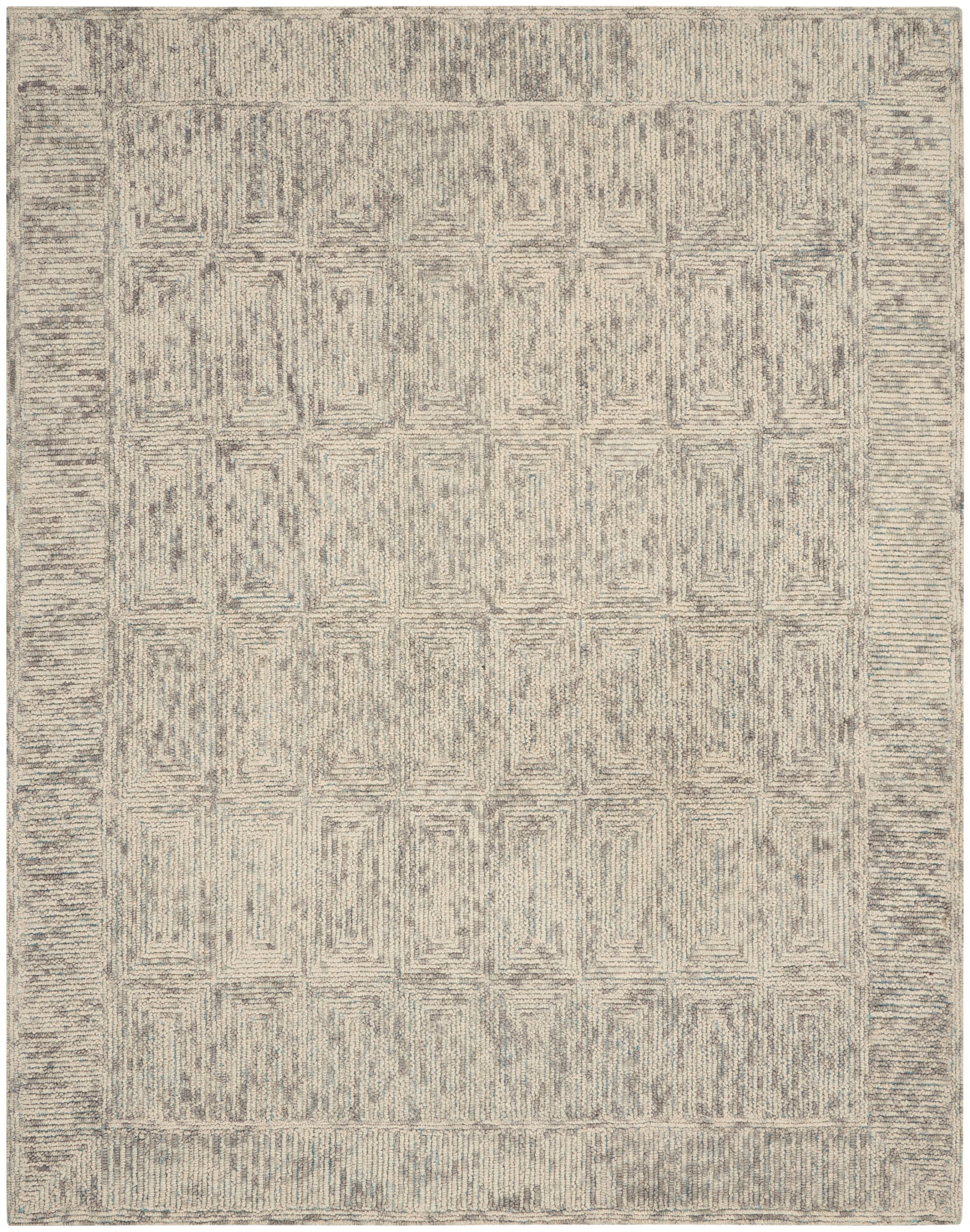 Neutral beige and gray area rug with a geometric lattice pattern and border; rectangular, cozy living-room style.