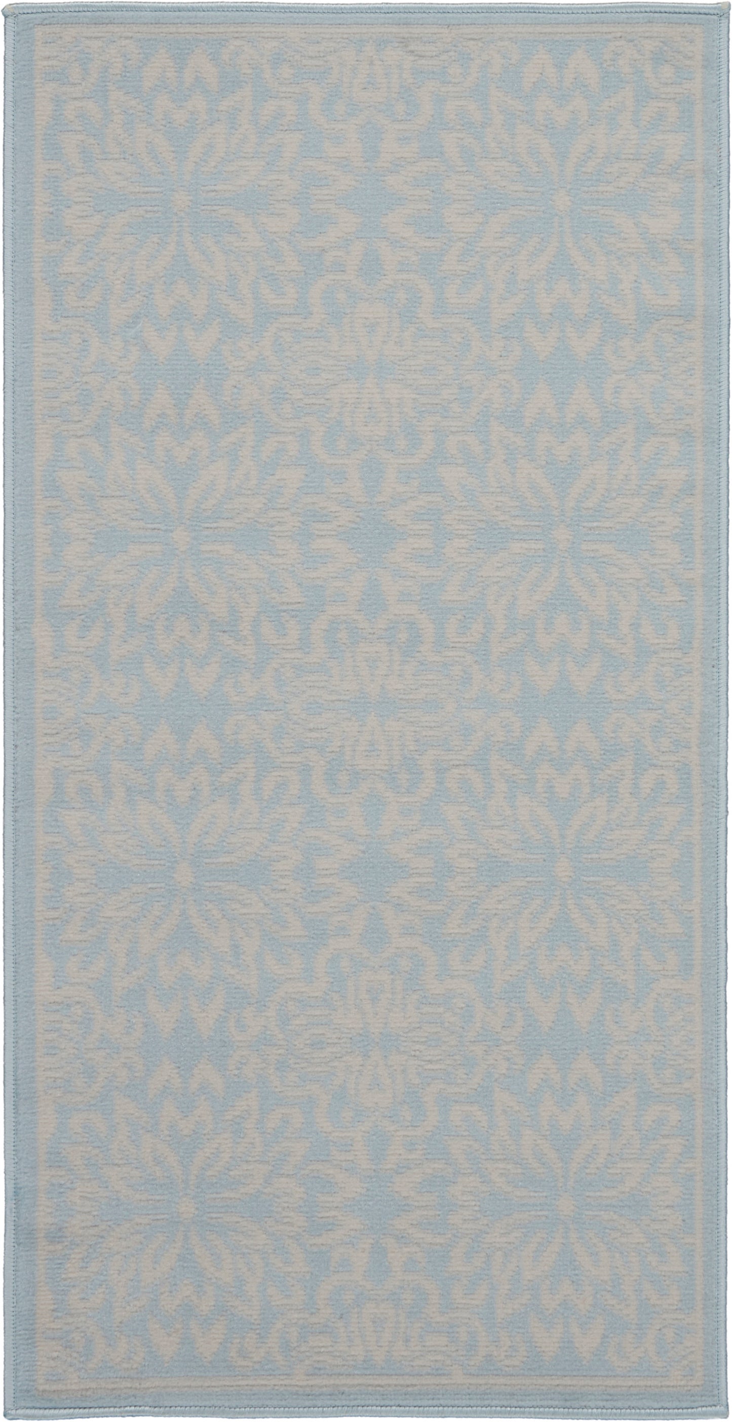 Pale blue rug with a white damask floral motif; rectangular rug with a matching border.