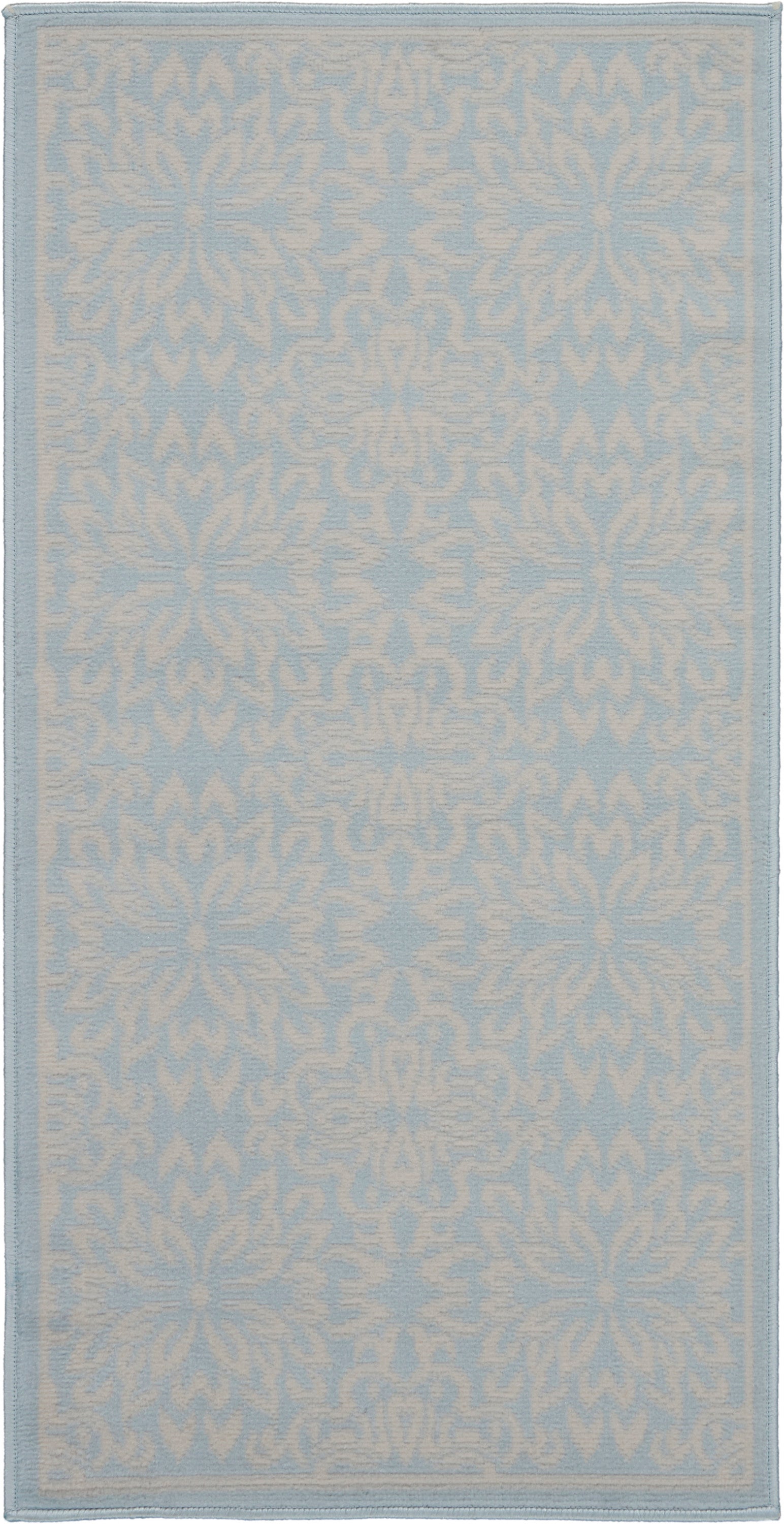 Pale blue rug with a white damask floral motif; rectangular rug with a matching border.