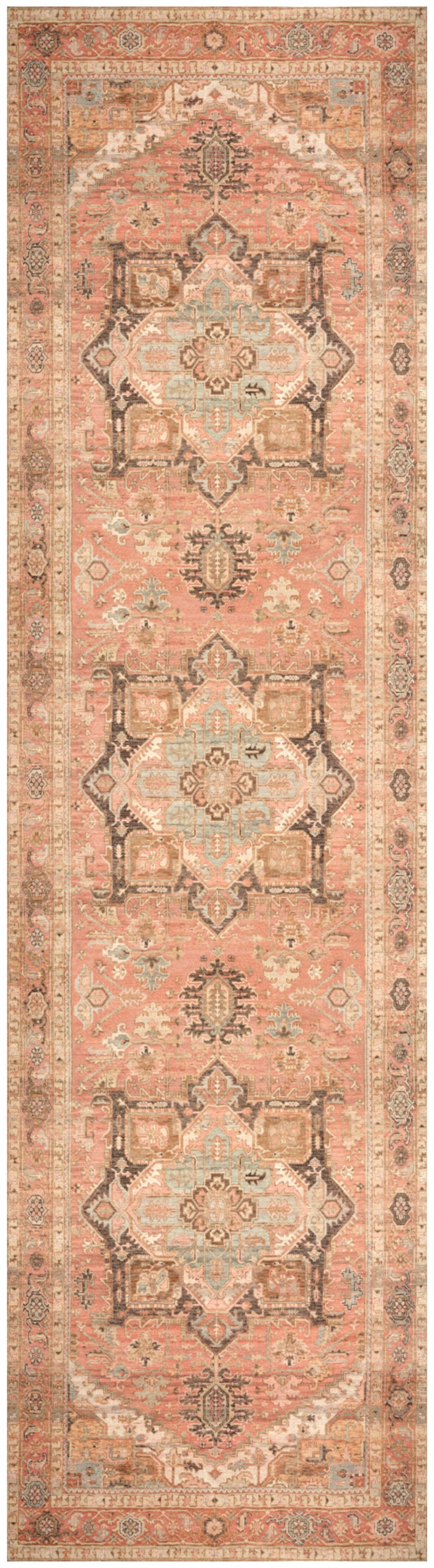 Long coral runner rug with repeating ivory and gray medallions and ornate borders; traditional Persian-inspired design.