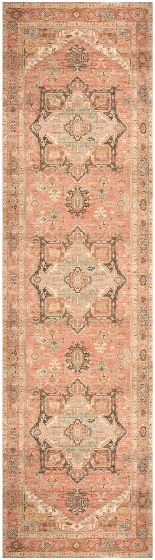Long coral runner rug with repeating ivory and gray medallions and ornate borders; traditional Persian-inspired design.