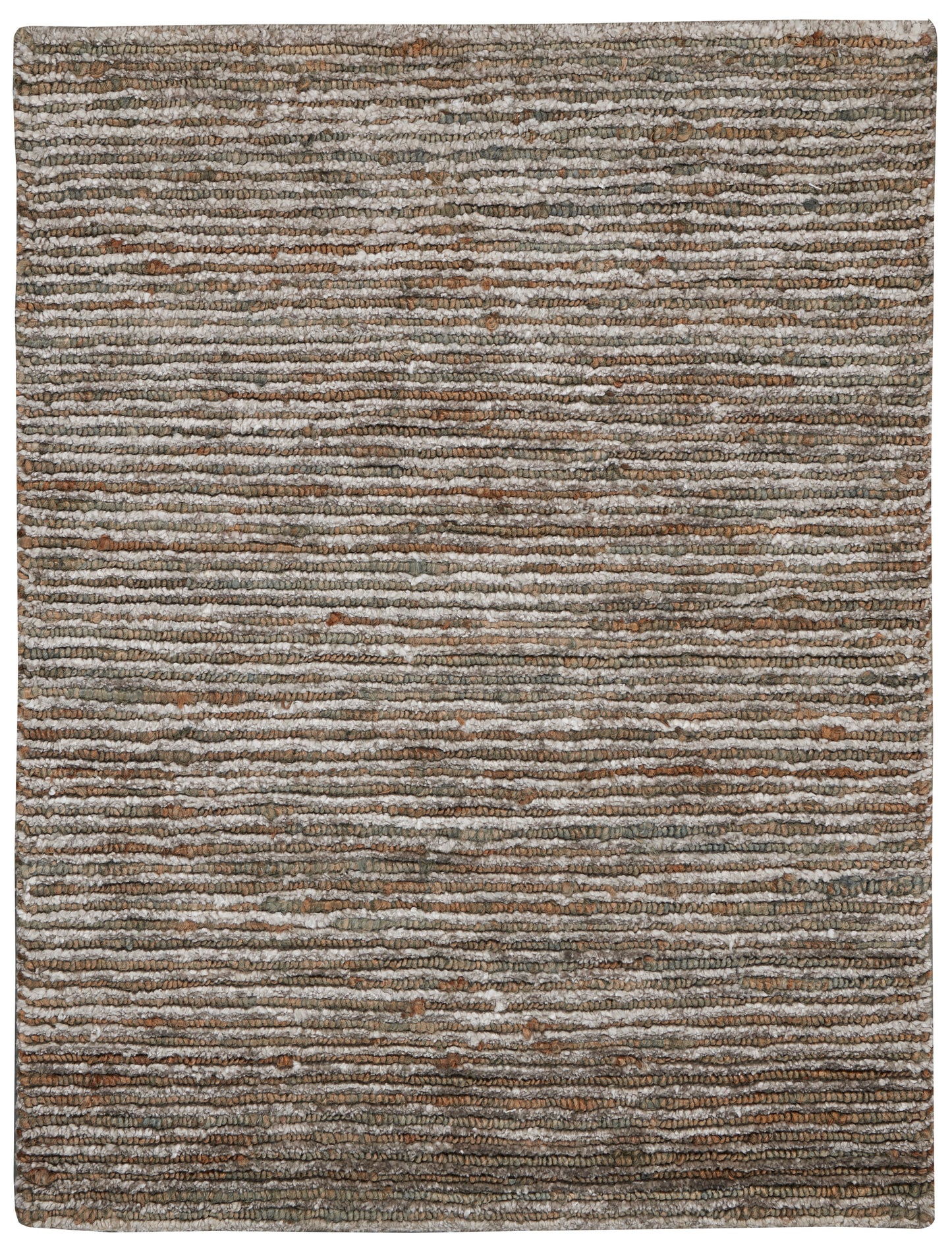 Textured striped rug in brown, beige, and gray tones; low-pile, versatile living-room decor.