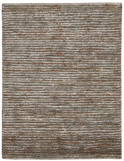 Textured striped rug in brown, beige, and gray tones; low-pile, versatile living-room decor.
