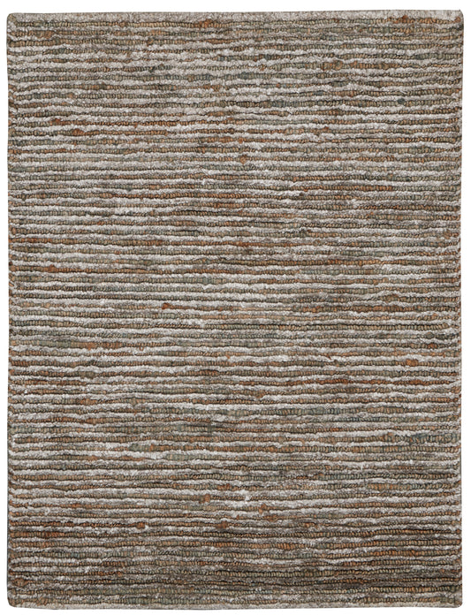 Textured striped rug in brown, beige, and gray tones; low-pile, versatile living-room decor.