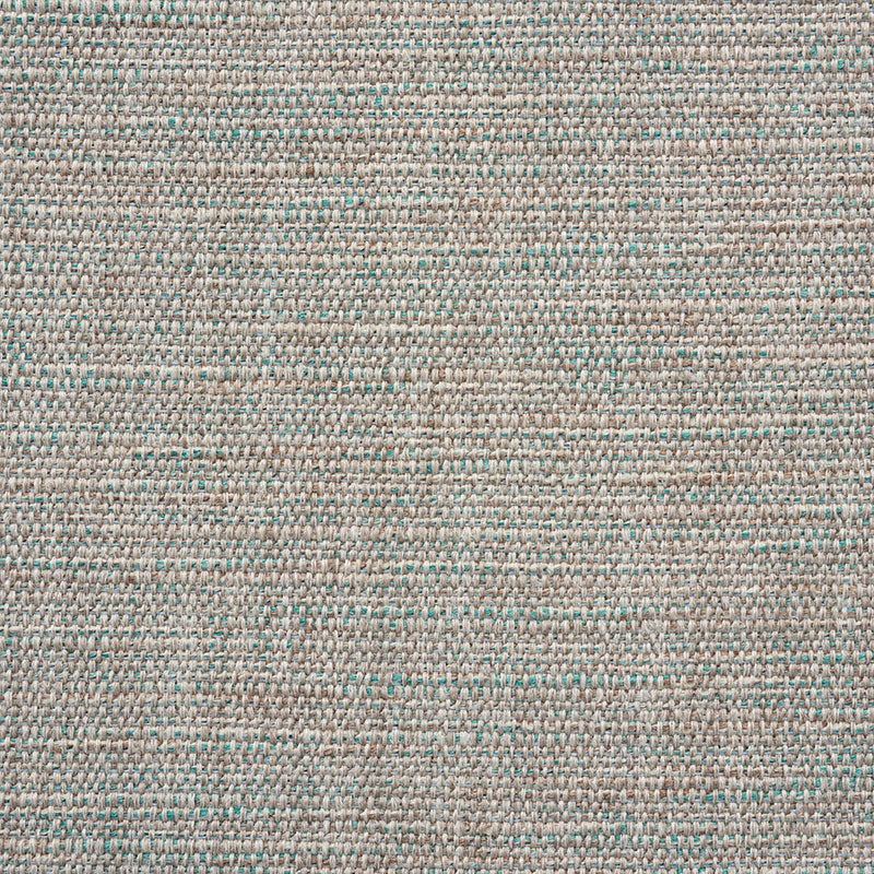 Beige woven plains fabric with turquoise specks; textured upholstery material.