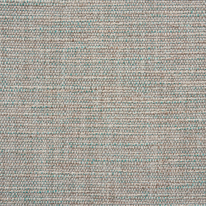 Beige woven plains fabric with turquoise specks; textured upholstery material.